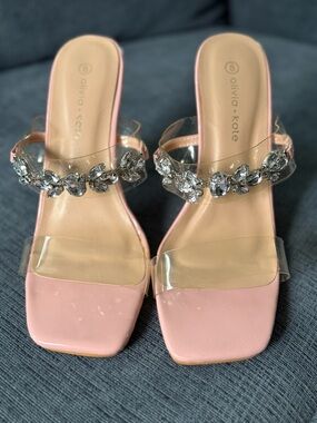 Olivia + Kate Pink Jeweled Clear-Strap Mules
